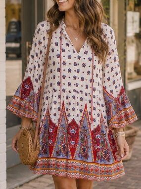 Boho Paisley Border Print Bell Sleeve Shift Dress Small